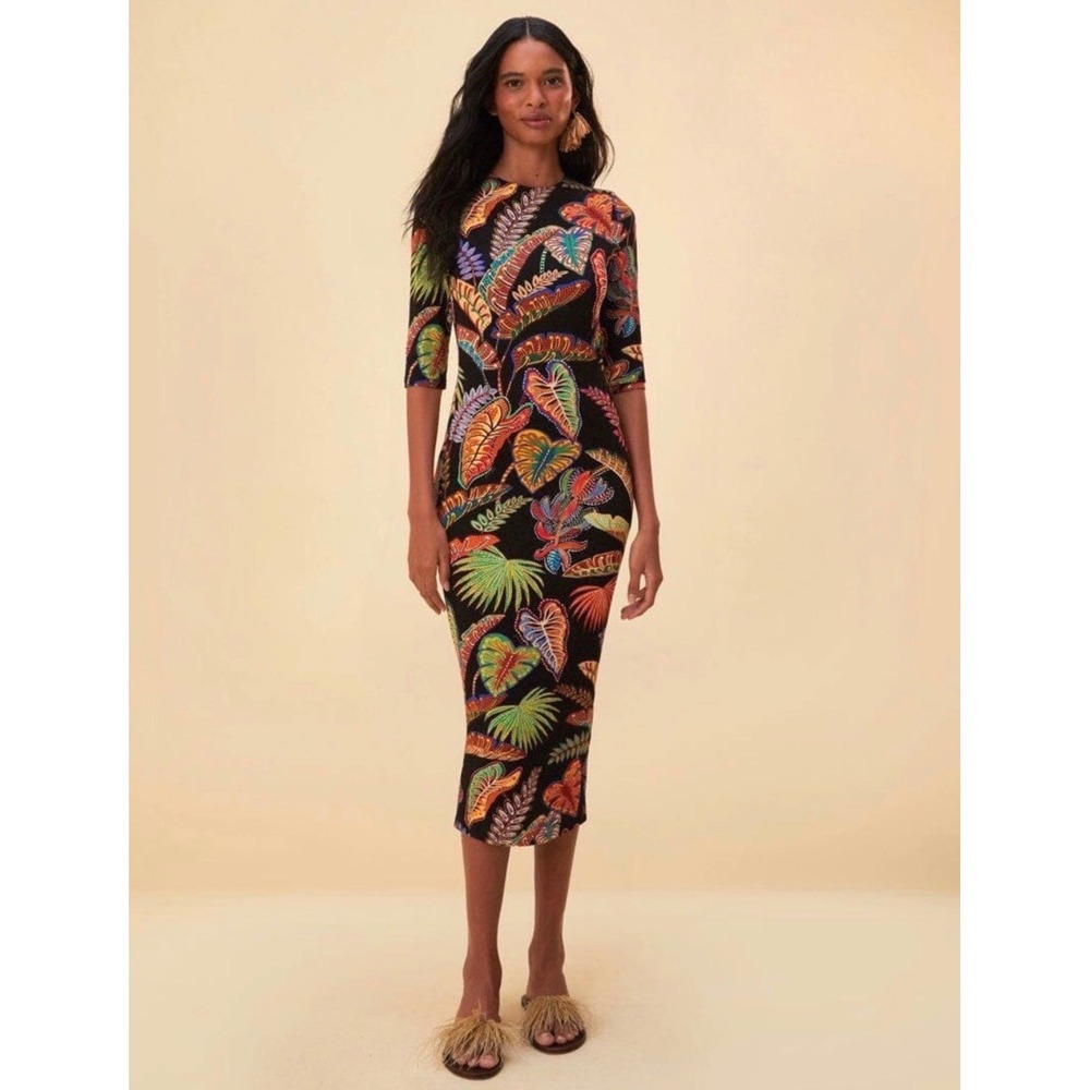 Farm Rio Cool Foliage Bodycon Midi Dress Black Multicolor Tropical‎ Floral Small